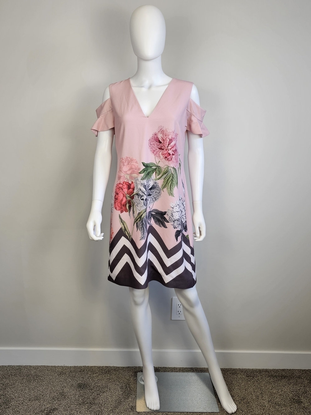 Ted Baker Hailie Palace Gardens Pink Floral Cold-Shoulder Dress Sz 3 US 8-10